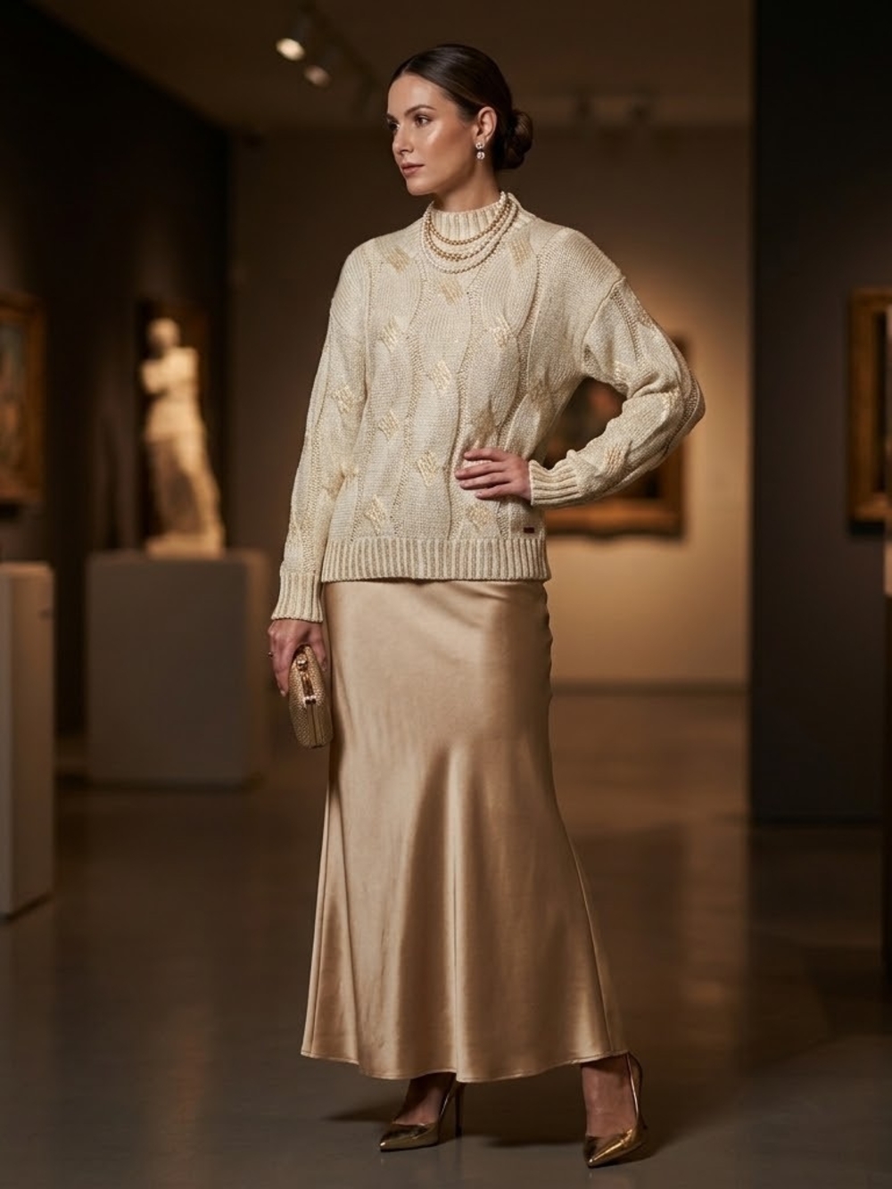 Elegant Cream Satin Maxi Skirt for Women Size M .